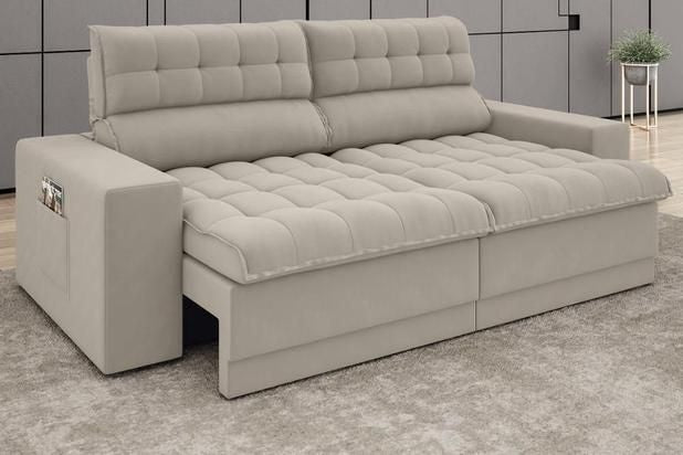 Sofá Omega Retrátil e Reclinável Velosuede Areia 2,30m (L) - ofertasbacanassss